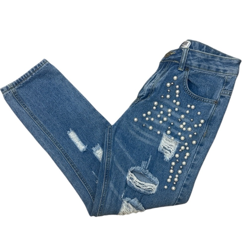 Agolde Blue Pearl Rhinestone Embellished High Rise Distressed Cropped XS Jeans